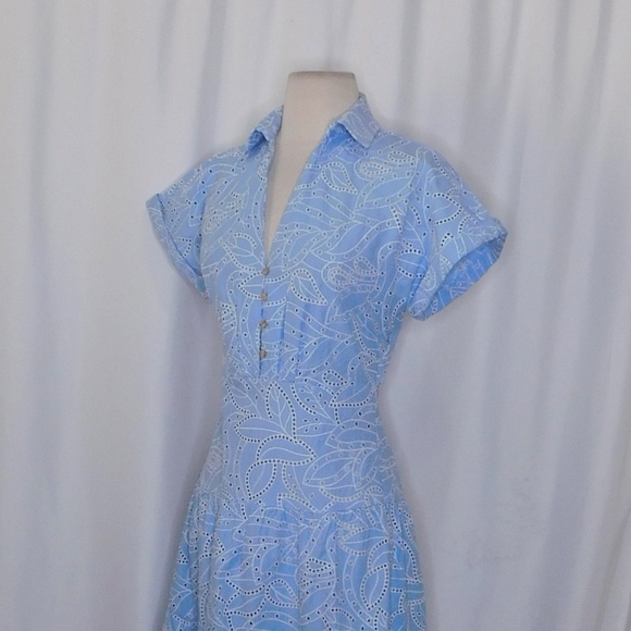ZARA Embroidered Eyelet Lace Dress Light Blue White Tiered Midi Summer X-Small - Picture 8 of 16
